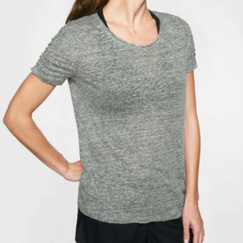 ATHLETA Women Top T Shirt Gray Linen Ruched Tee - Picture 7 of 8